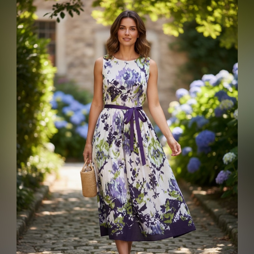 Coldwater Creek Purple and Green Floral Maxi Dress with Tie Waist